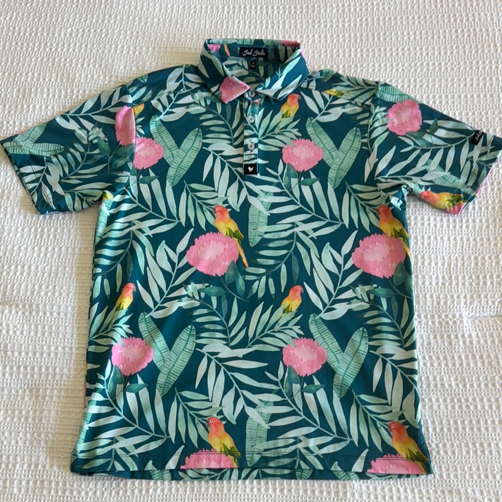 Bad Birdie Green and Pink Polo Shirt with Tropical Vibes